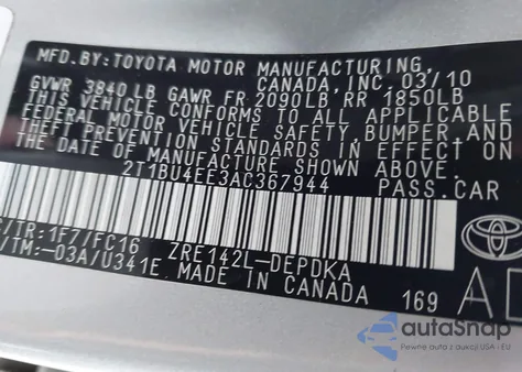 2010 Toyota Corolla Le z USA, uszkodzony, nr VIN 2T1BU4EE3AC367944